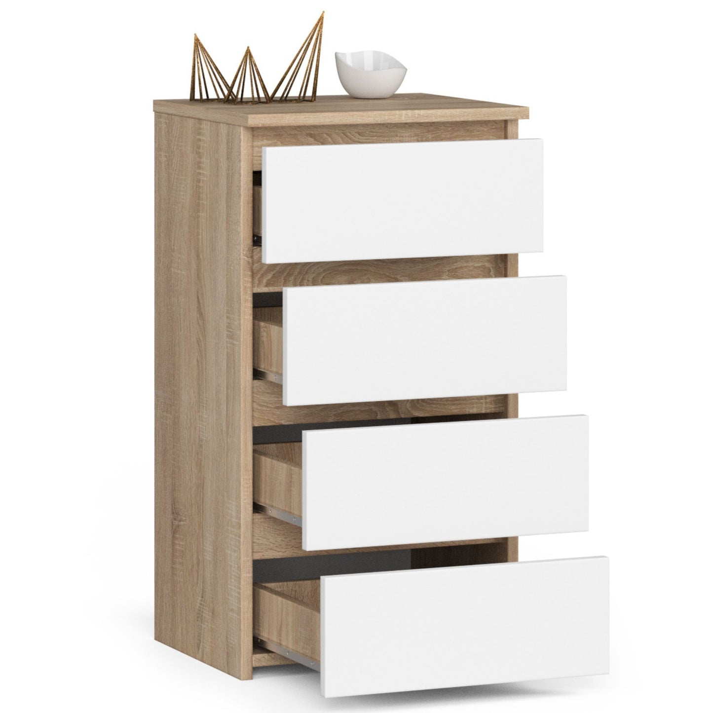 Kommode mit vier Schubladen, elegant, für minimalistische Innenräume, 74 cm hoch und 40 cm breit, Wohnzimmer, Schlafzimmer, Flur, Schrank, Sideboard, Highboard, viel Stauraum, weiß