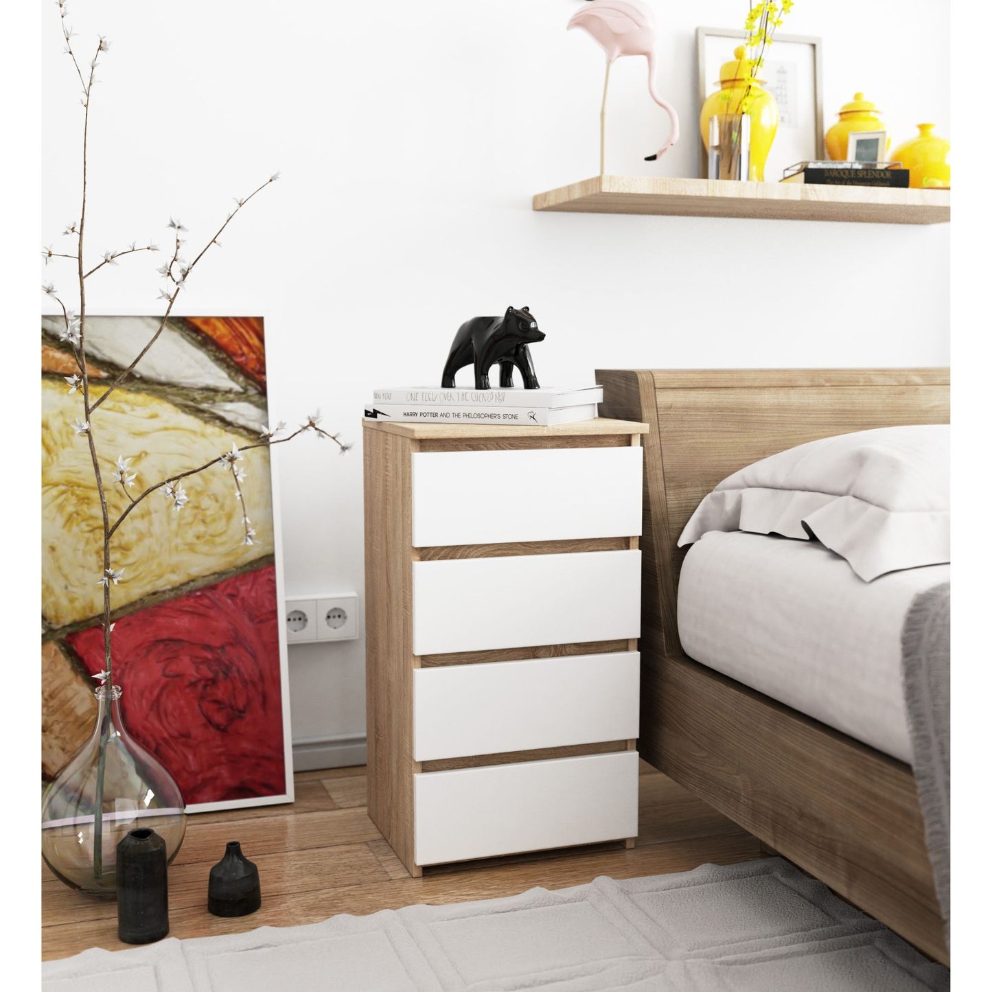 Kommode mit vier Schubladen, elegant, für minimalistische Innenräume, 74 cm hoch und 40 cm breit, Wohnzimmer, Schlafzimmer, Flur, Schrank, Sideboard, Highboard, viel Stauraum, weiß