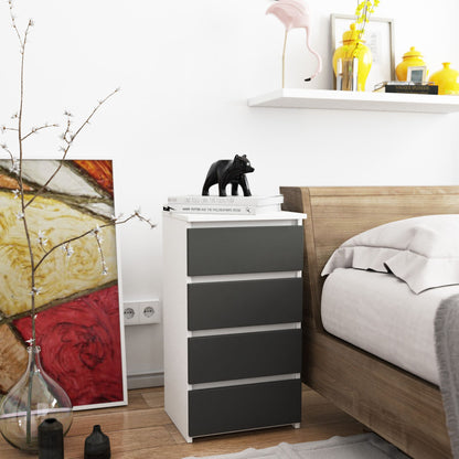 Kommode mit vier Schubladen, elegant, für minimalistische Innenräume, 74 cm hoch und 40 cm breit, Wohnzimmer, Schlafzimmer, Flur, Schrank, Sideboard, Highboard, viel Stauraum, weiß