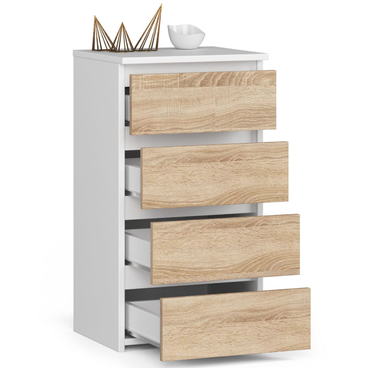 Kommode mit vier Schubladen, elegant, für minimalistische Innenräume, 74 cm hoch und 40 cm breit, Wohnzimmer, Schlafzimmer, Flur, Schrank, Sideboard, Highboard, viel Stauraum, weiß