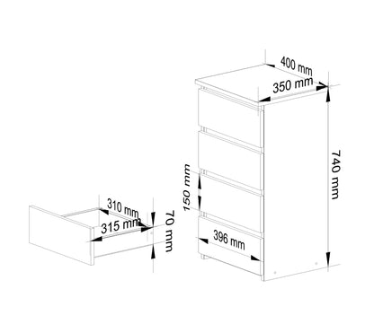 Kommode mit vier Schubladen, elegant, für minimalistische Innenräume, 74 cm hoch und 40 cm breit, Wohnzimmer, Schlafzimmer, Flur, Schrank, Sideboard, Highboard, viel Stauraum, weiß