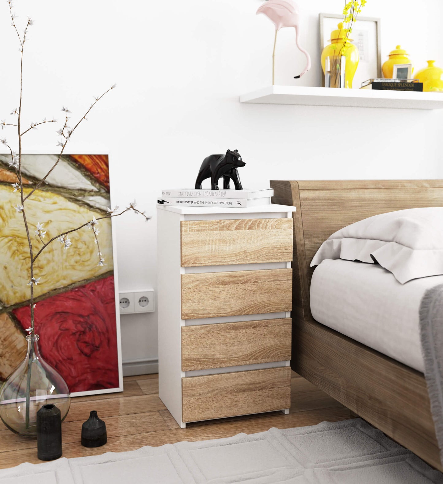 Kommode mit vier Schubladen, elegant, für minimalistische Innenräume, 74 cm hoch und 40 cm breit, Wohnzimmer, Schlafzimmer, Flur, Schrank, Sideboard, Highboard, viel Stauraum, weiß