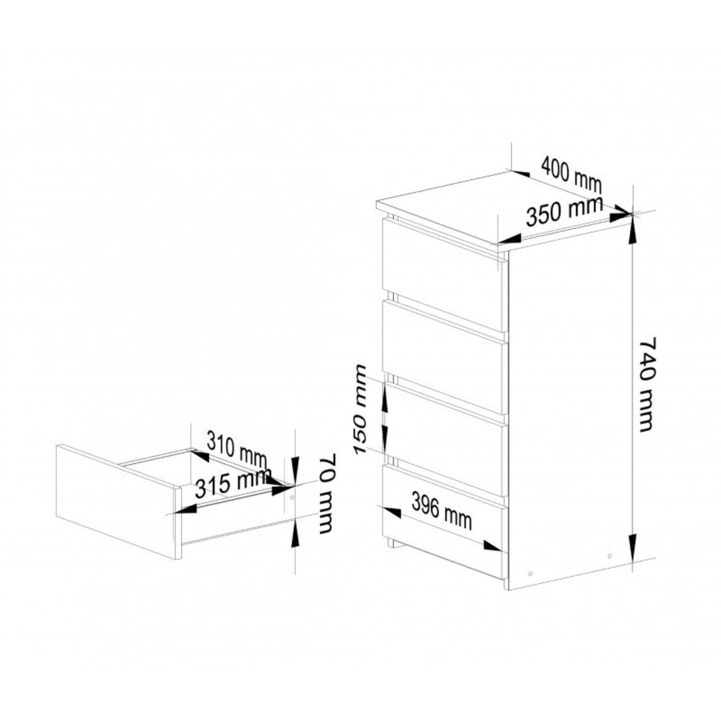 Kommode mit vier Schubladen, elegant, für minimalistische Innenräume, 74 cm hoch und 40 cm breit, Wohnzimmer, Schlafzimmer, Flur, Schrank, Sideboard, Highboard, viel Stauraum, weiß