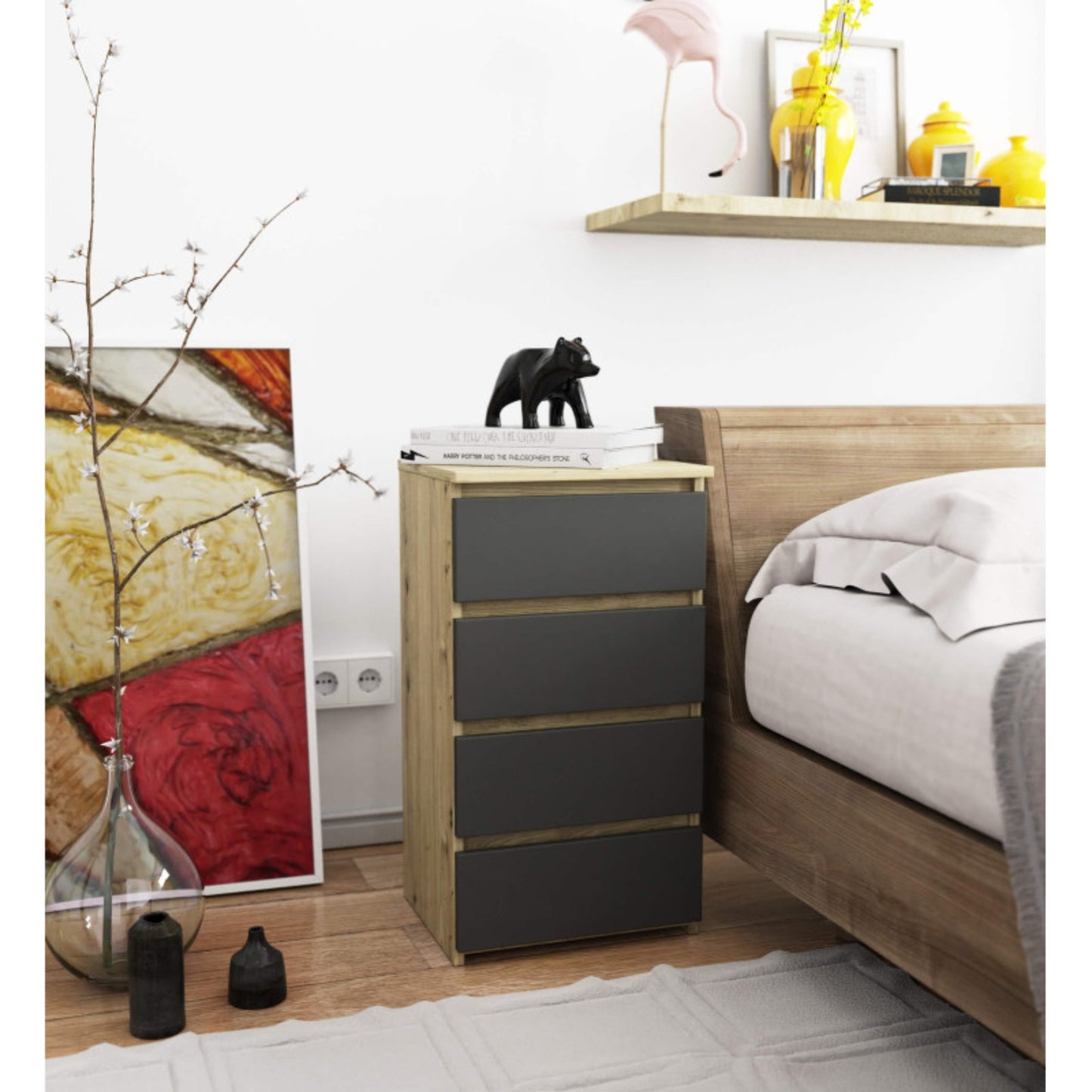 Kommode mit vier Schubladen, elegant, für minimalistische Innenräume, 74 cm hoch und 40 cm breit, Wohnzimmer, Schlafzimmer, Flur, Schrank, Sideboard, Highboard, viel Stauraum, weiß