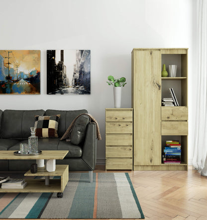 Kommode mit fünf Schubladen, elegant, für minimalistische Innenräume, 92 cm hoch und 40 cm breit, Wohnzimmer, Schlafzimmer, Flur, Schrank, Sideboard, Highboard, viel Stauraum