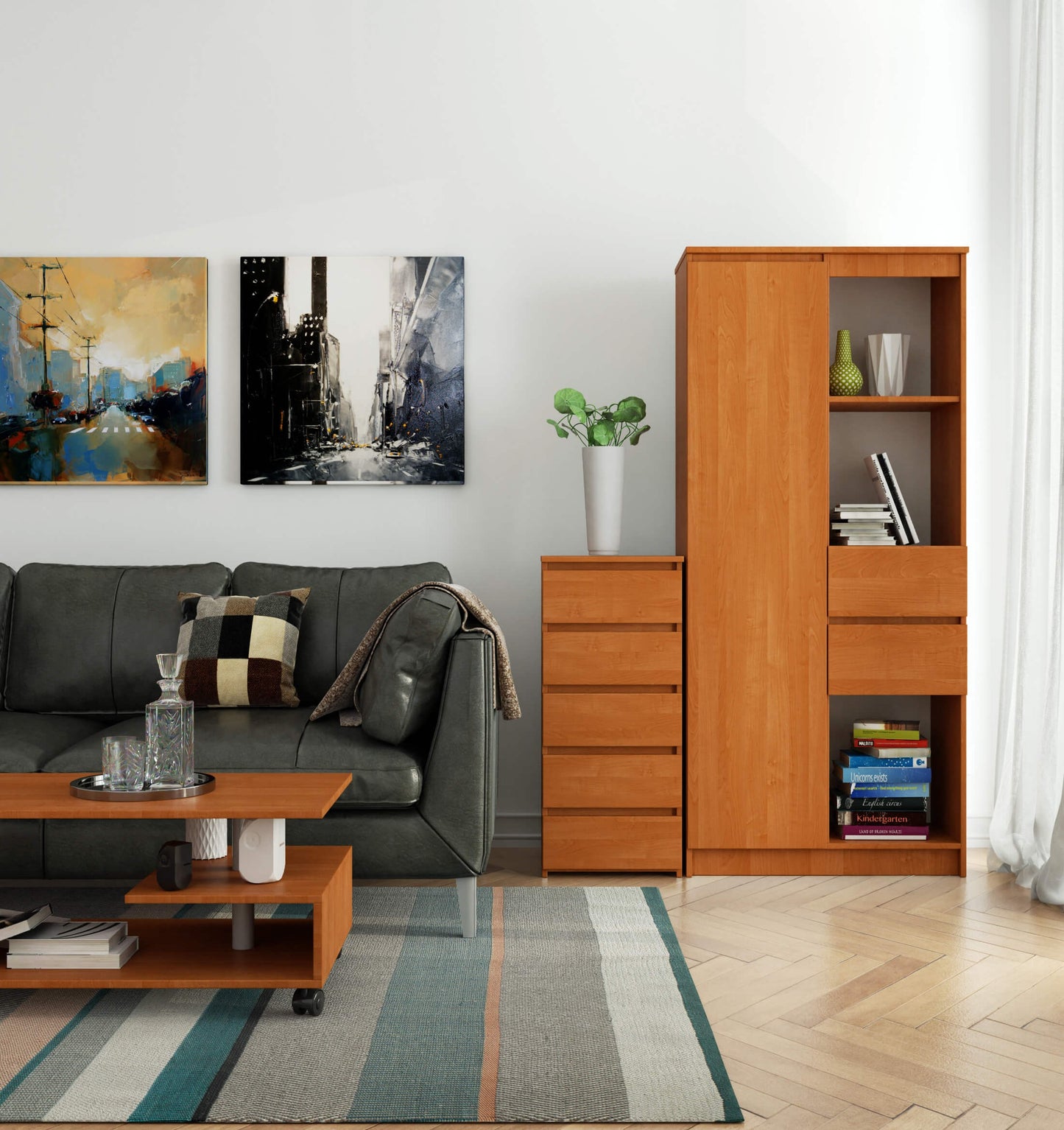 Kommode mit fünf Schubladen, elegant, für minimalistische Innenräume, 92 cm hoch und 40 cm breit, Wohnzimmer, Schlafzimmer, Flur, Schrank, Sideboard, Highboard, viel Stauraum