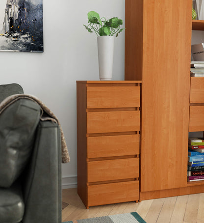 Kommode mit fünf Schubladen, elegant, für minimalistische Innenräume, 92 cm hoch und 40 cm breit, Wohnzimmer, Schlafzimmer, Flur, Schrank, Sideboard, Highboard, viel Stauraum