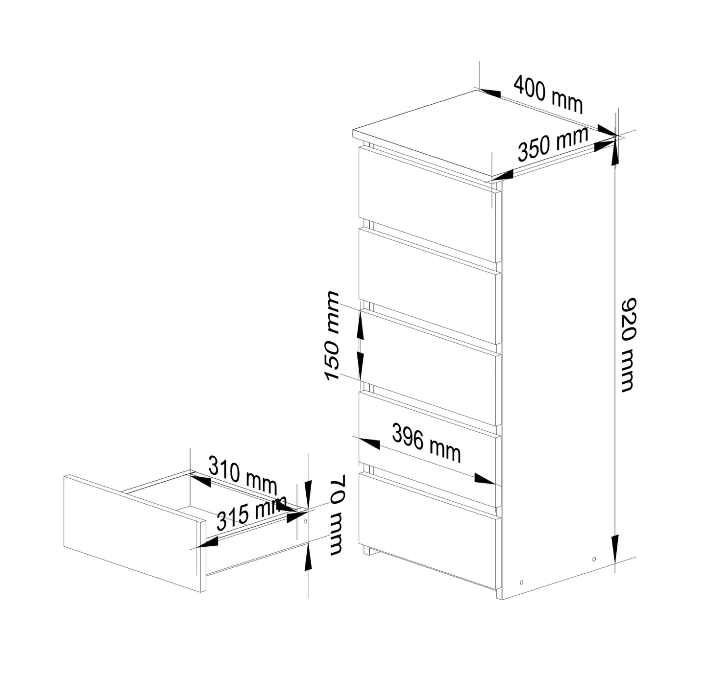 Kommode mit fünf Schubladen, elegant, für minimalistische Innenräume, 92 cm hoch und 40 cm breit, Wohnzimmer, Schlafzimmer, Flur, Schrank, Sideboard, Highboard, viel Stauraum