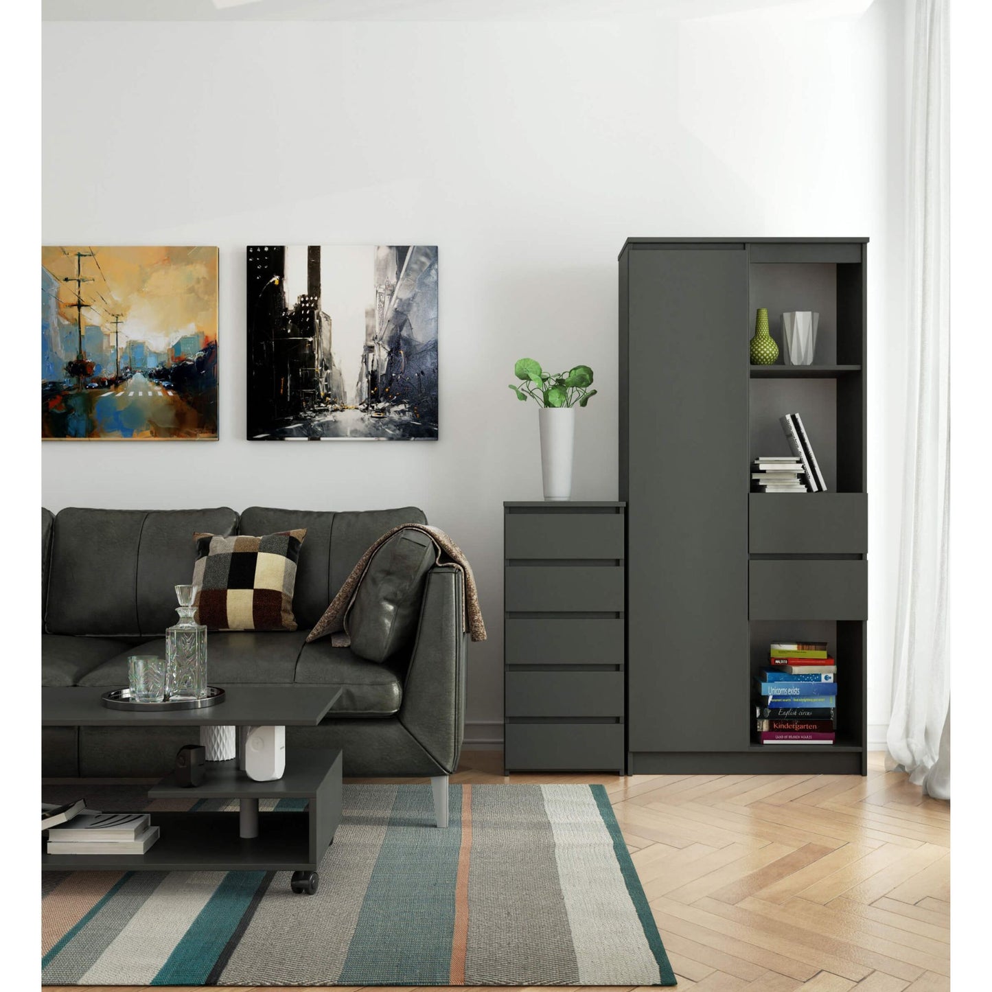 Kommode mit fünf Schubladen, elegant, für minimalistische Innenräume, 92 cm hoch und 40 cm breit, Wohnzimmer, Schlafzimmer, Flur, Schrank, Sideboard, Highboard, viel Stauraum