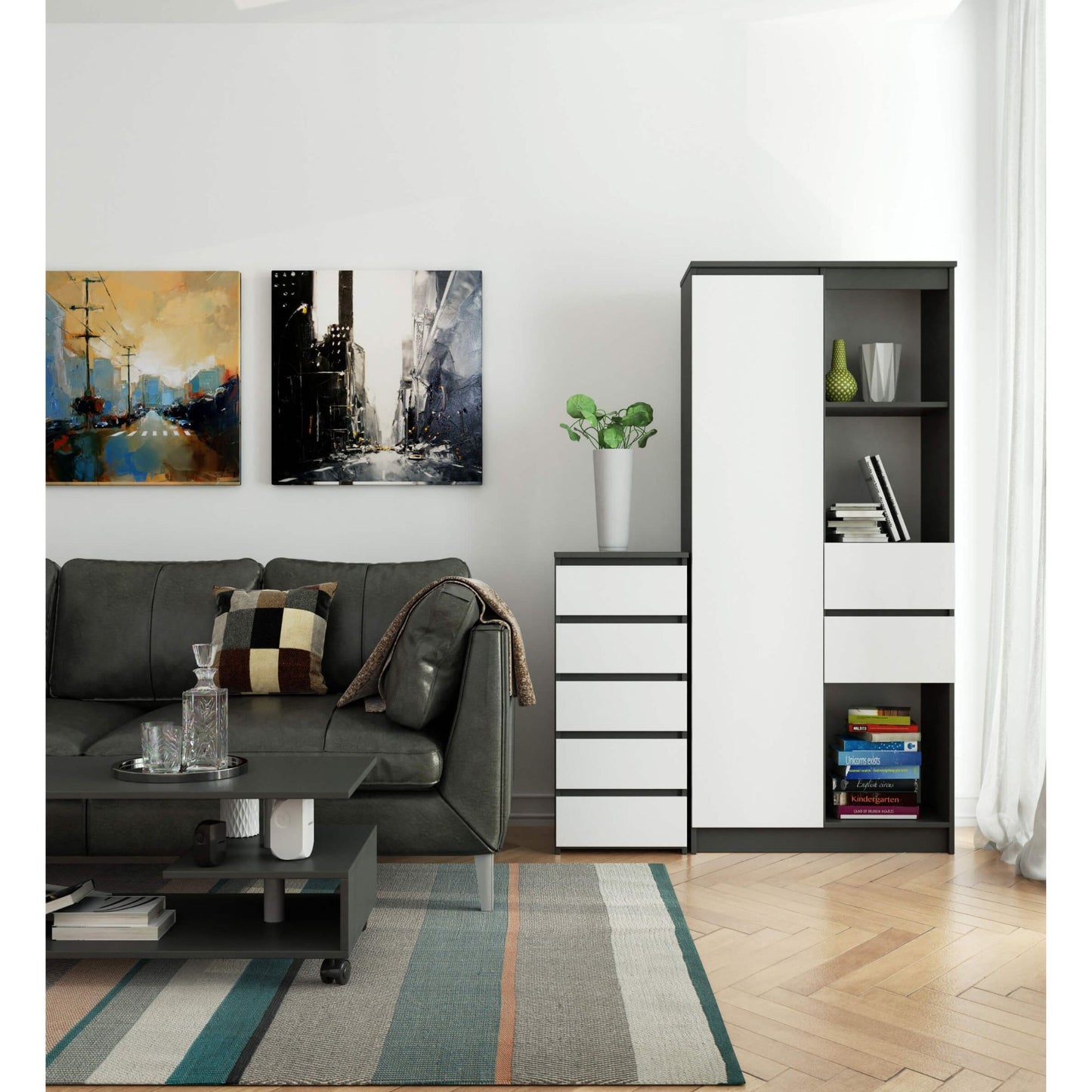 Kommode mit fünf Schubladen, elegant, für minimalistische Innenräume, 92 cm hoch und 40 cm breit, Wohnzimmer, Schlafzimmer, Flur, Schrank, Sideboard, Highboard, viel Stauraum