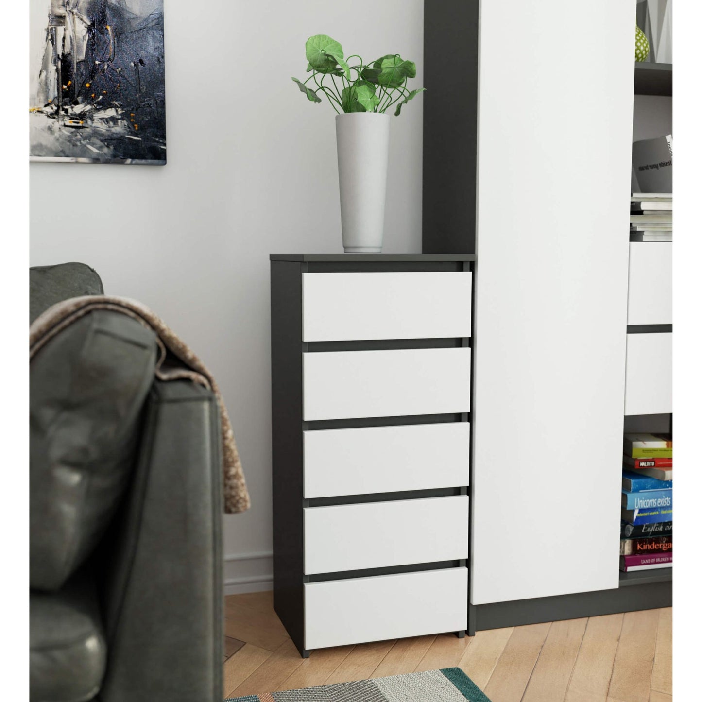 Kommode mit fünf Schubladen, elegant, für minimalistische Innenräume, 92 cm hoch und 40 cm breit, Wohnzimmer, Schlafzimmer, Flur, Schrank, Sideboard, Highboard, viel Stauraum