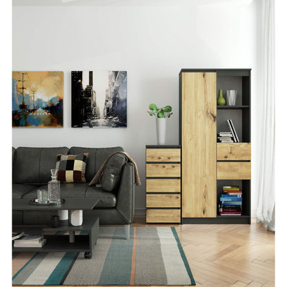 Kommode mit fünf Schubladen, elegant, für minimalistische Innenräume, 92 cm hoch und 40 cm breit, Wohnzimmer, Schlafzimmer, Flur, Schrank, Sideboard, Highboard, viel Stauraum