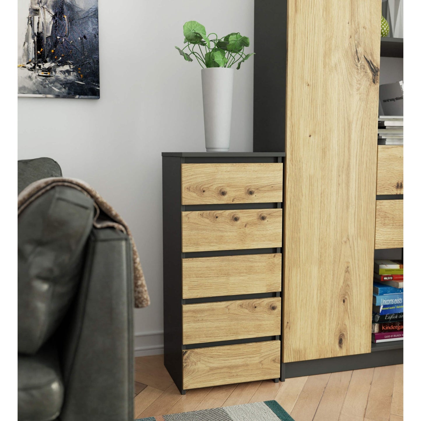 Kommode mit fünf Schubladen, elegant, für minimalistische Innenräume, 92 cm hoch und 40 cm breit, Wohnzimmer, Schlafzimmer, Flur, Schrank, Sideboard, Highboard, viel Stauraum