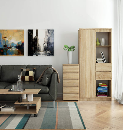 Kommode mit fünf Schubladen, elegant, für minimalistische Innenräume, 92 cm hoch und 40 cm breit, Wohnzimmer, Schlafzimmer, Flur, Schrank, Sideboard, Highboard, viel Stauraum