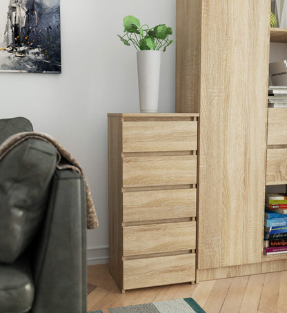 Kommode mit fünf Schubladen, elegant, für minimalistische Innenräume, 92 cm hoch und 40 cm breit, Wohnzimmer, Schlafzimmer, Flur, Schrank, Sideboard, Highboard, viel Stauraum