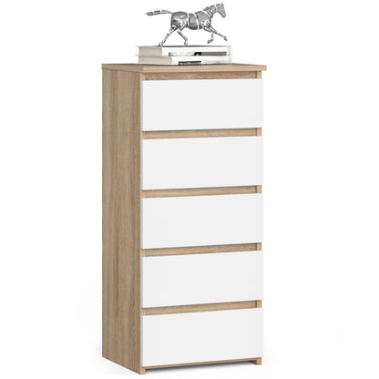 Kommode mit fünf Schubladen, elegant, für minimalistische Innenräume, 92 cm hoch und 40 cm breit, Wohnzimmer, Schlafzimmer, Flur, Schrank, Sideboard, Highboard, viel Stauraum