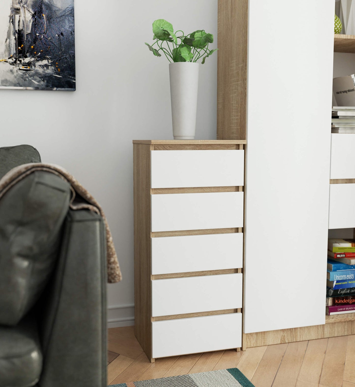 Kommode mit fünf Schubladen, elegant, für minimalistische Innenräume, 92 cm hoch und 40 cm breit, Wohnzimmer, Schlafzimmer, Flur, Schrank, Sideboard, Highboard, viel Stauraum