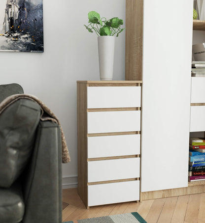 Kommode mit fünf Schubladen, elegant, für minimalistische Innenräume, 92 cm hoch und 40 cm breit, Wohnzimmer, Schlafzimmer, Flur, Schrank, Sideboard, Highboard, viel Stauraum