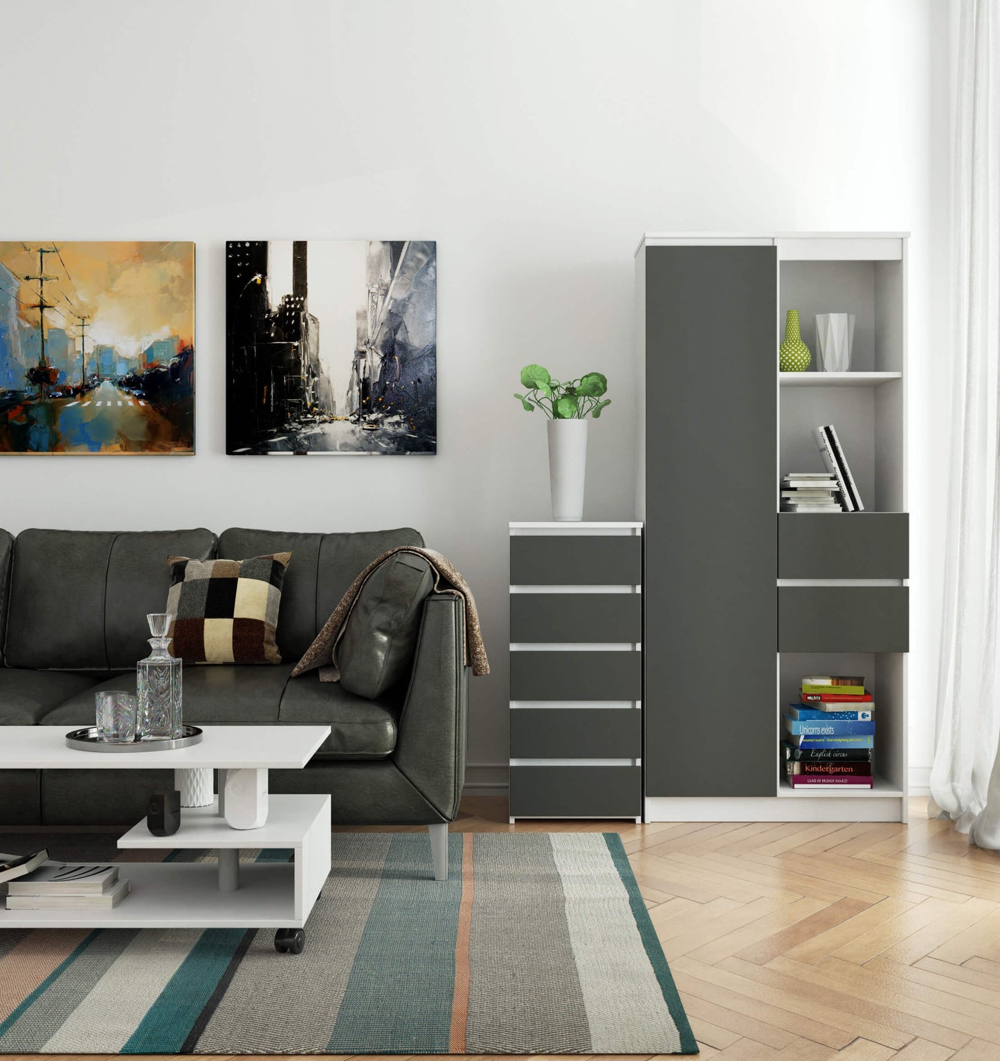 Kommode mit fünf Schubladen, elegant, für minimalistische Innenräume, 92 cm hoch und 40 cm breit, Wohnzimmer, Schlafzimmer, Flur, Schrank, Sideboard, Highboard, viel Stauraum