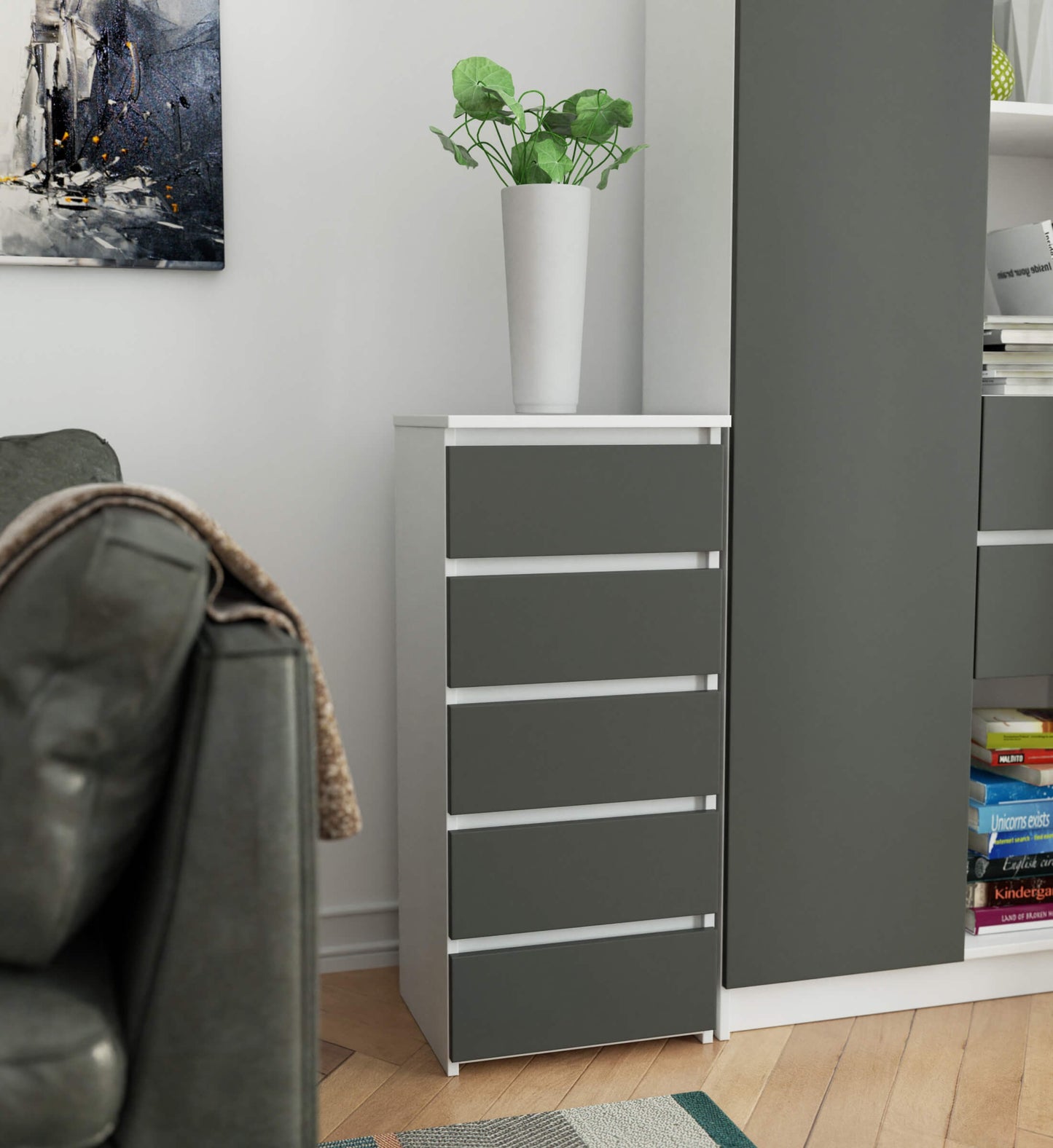 Kommode mit fünf Schubladen, elegant, für minimalistische Innenräume, 92 cm hoch und 40 cm breit, Wohnzimmer, Schlafzimmer, Flur, Schrank, Sideboard, Highboard, viel Stauraum