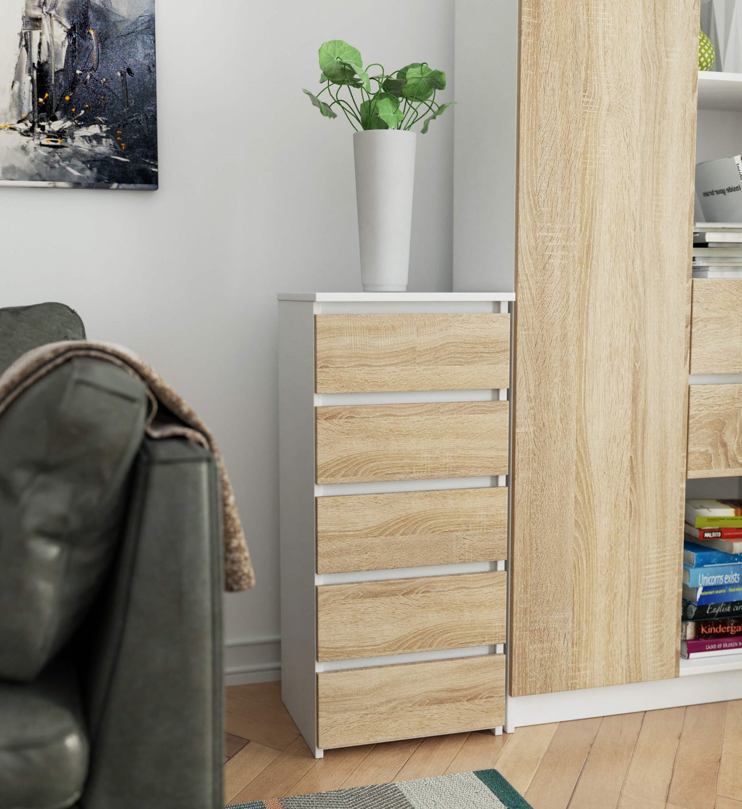 Kommode mit fünf Schubladen, elegant, für minimalistische Innenräume, 92 cm hoch und 40 cm breit, Wohnzimmer, Schlafzimmer, Flur, Schrank, Sideboard, Highboard, viel Stauraum