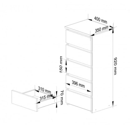 Kommode mit fünf Schubladen, elegant, für minimalistische Innenräume, 92 cm hoch und 40 cm breit, Wohnzimmer, Schlafzimmer, Flur, Schrank, Sideboard, Highboard, viel Stauraum