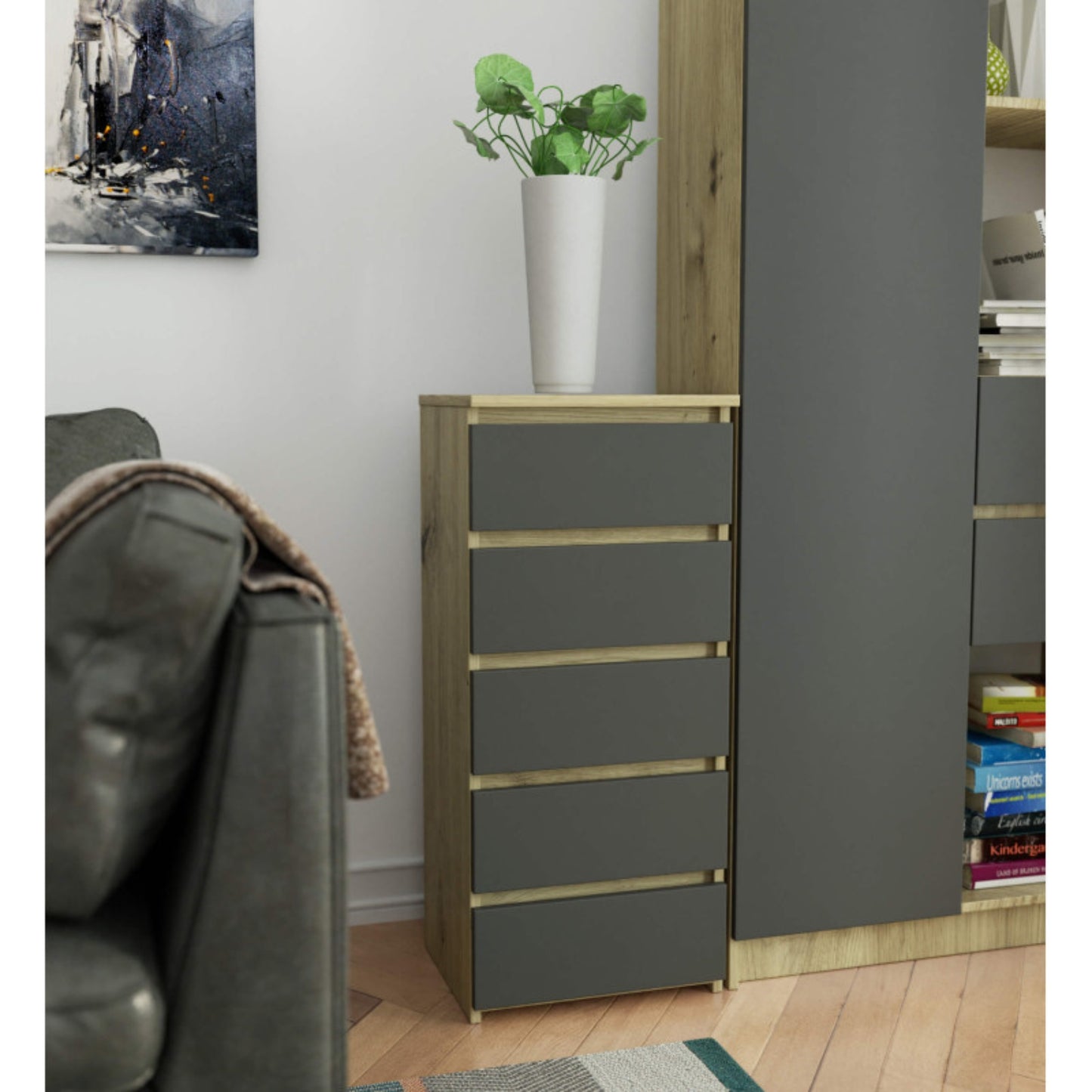 Kommode mit fünf Schubladen, elegant, für minimalistische Innenräume, 92 cm hoch und 40 cm breit, Wohnzimmer, Schlafzimmer, Flur, Schrank, Sideboard, Highboard, viel Stauraum