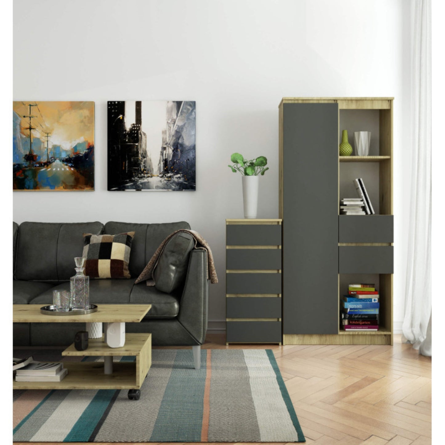 Kommode mit fünf Schubladen, elegant, für minimalistische Innenräume, 92 cm hoch und 40 cm breit, Wohnzimmer, Schlafzimmer, Flur, Schrank, Sideboard, Highboard, viel Stauraum