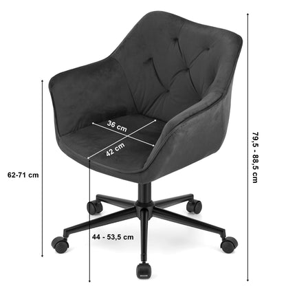 Chaise pivotante avec siège rembourré en velours entièrement pivotant, réglable en hauteur de 79,5 à 88,5 cm, design ergonomique pour home studio ou chambre d'enfant, assise confortable, structure métallique à 5 bras sur roulettes