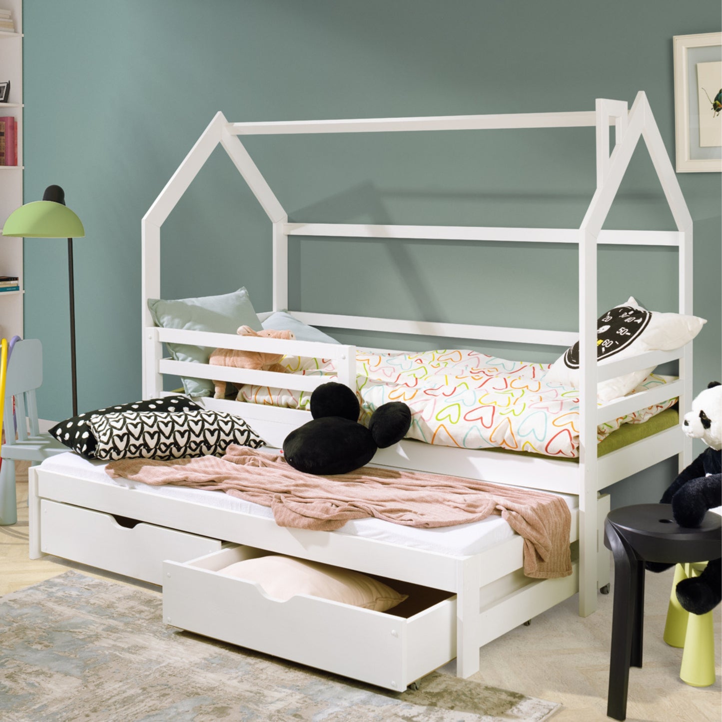 Hausbett Kinderbett mit Ausziehbett Bett mit 2 Schubladen, Lattenrost und Raufallschutz, Matratze optional Bed Kinder Jugendbett Einzelbett Spielbett mit Dach Himmel | weiß Holz massiv