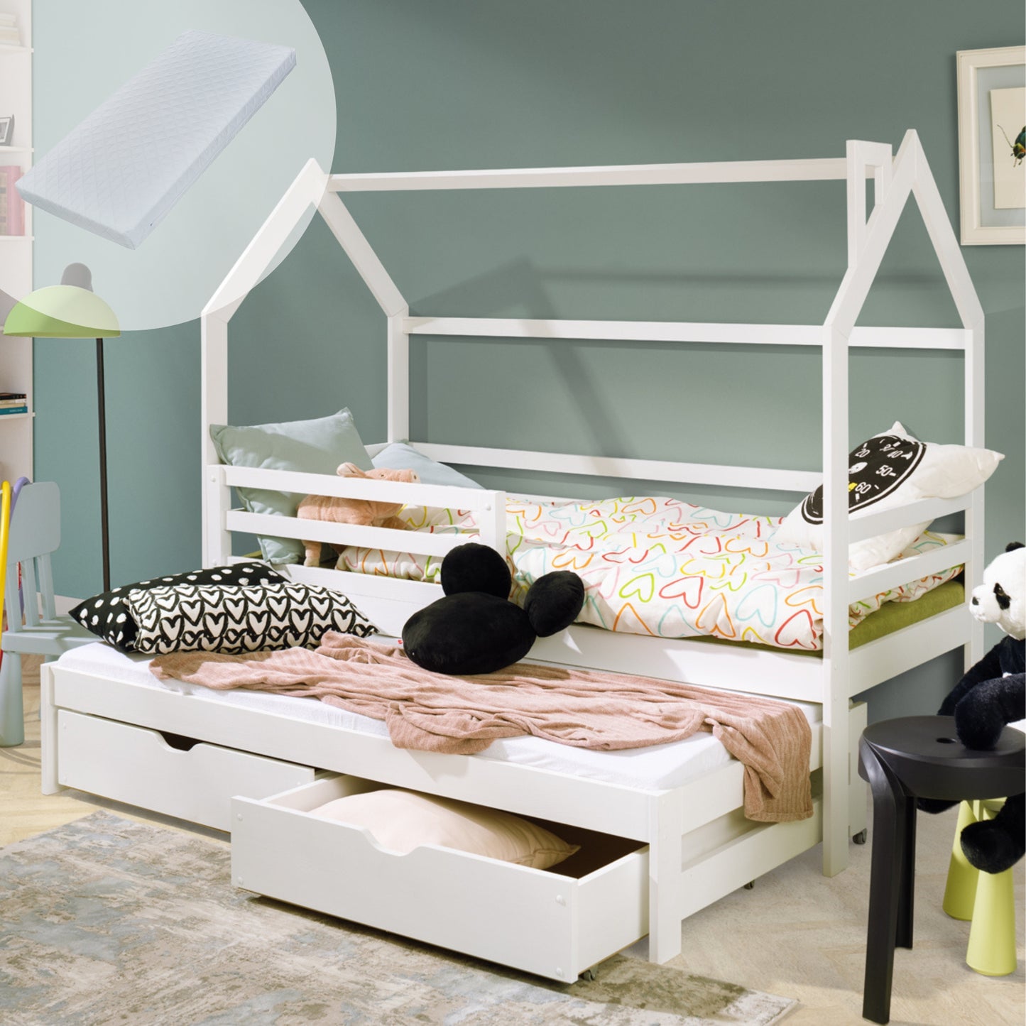 Hausbett Kinderbett mit Ausziehbett Bett mit 2 Schubladen, Lattenrost und Raufallschutz, Matratze optional Bed Kinder Jugendbett Einzelbett Spielbett mit Dach Himmel | weiß Holz massiv