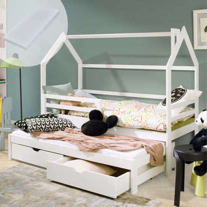 Hausbett Kinderbett mit Ausziehbett Bett mit 2 Schubladen, Lattenrost und Raufallschutz, Matratze optional Bed Kinder Jugendbett Einzelbett Spielbett mit Dach Himmel | weiß Holz massiv