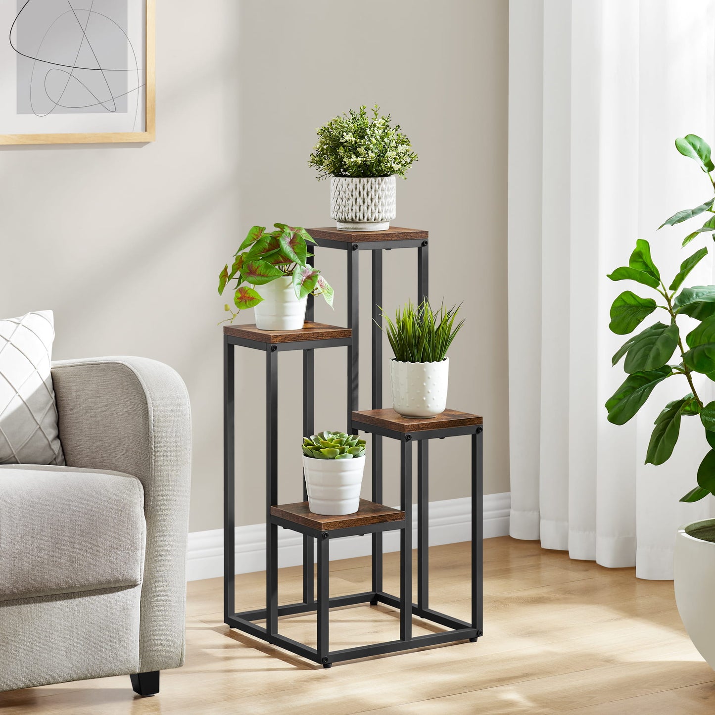 Support pour pots de fleurs à 4 et 6 niveaux - Idéal pour le salon, la chambre, le couloir ou le bureau - Support pour plantes de style loft avec cadre en acier pour plus de stabilité - polyvalent et fonctionnel