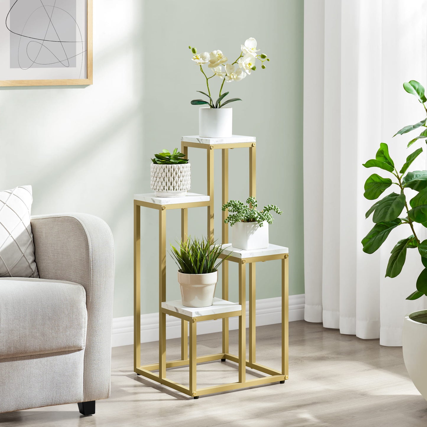 Support pour pots de fleurs à 4 et 6 niveaux - Idéal pour le salon, la chambre, le couloir ou le bureau - Support pour plantes de style loft avec cadre en acier pour plus de stabilité - polyvalent et fonctionnel