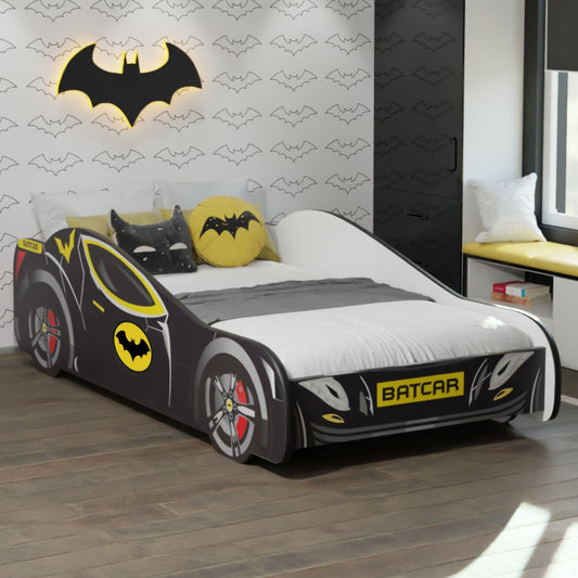 Kids Collective Autobett 70x140 & 80x160 cm Kinderbett Jugendbett mit Rausfallschutz & Lattenrost | Kinder Spielbett Batman Batmobil Bat Car Auto Bett in schwarz | ideal für Kinder ab 2 Jahren