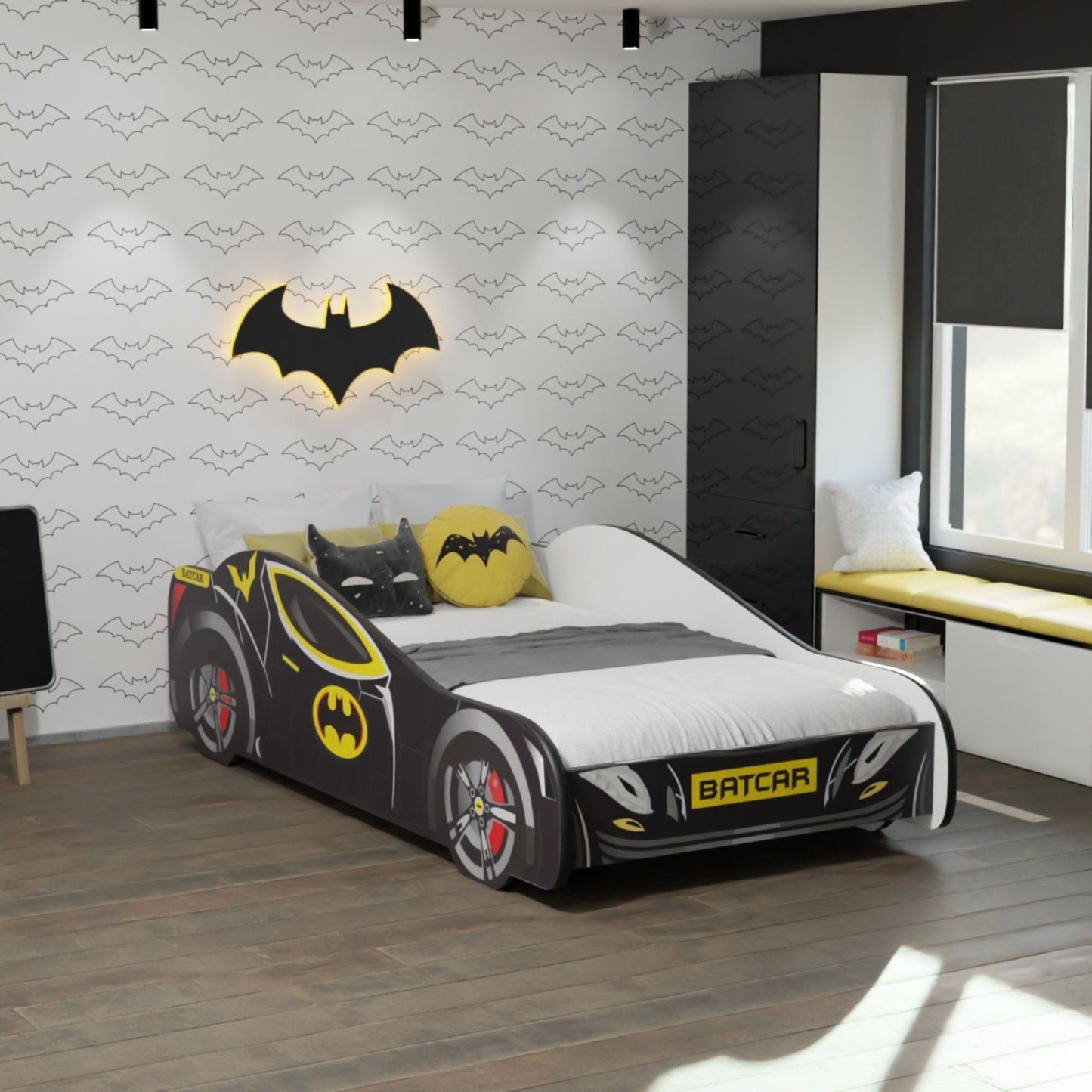 Autobett 70x140 | 80x160 cm Kinderbett Jugendbett mit Rausfallschutz | Kinder Spielbett Batman Batmobil Bat Car Auto Bett in schwarz