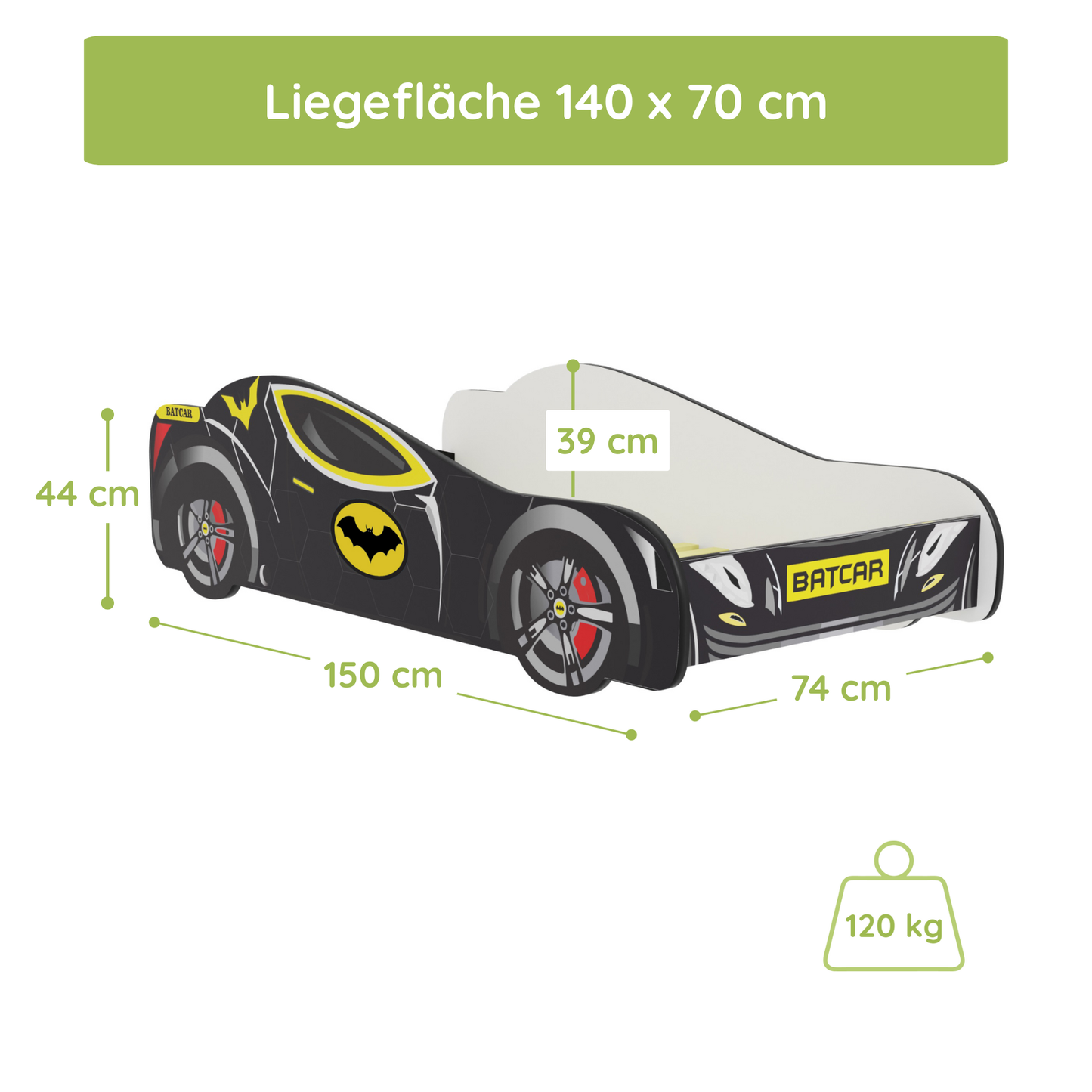 Kids Collective Autobett 70x140 & 80x160 cm Kinderbett Jugendbett mit Rausfallschutz & Lattenrost | Kinder Spielbett Batman Batmobil Bat Car Auto Bett in schwarz | ideal für Kinder ab 2 Jahren