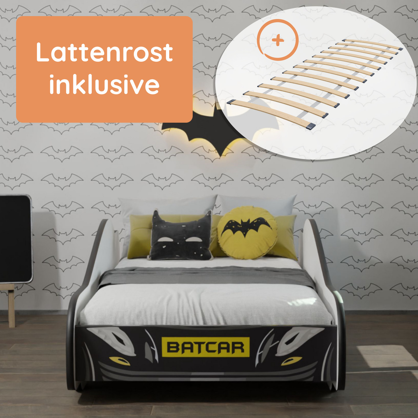 Kids Collective Autobett 70x140 & 80x160 cm Kinderbett Jugendbett mit Rausfallschutz & Lattenrost | Kinder Spielbett Batman Batmobil Bat Car Auto Bett in schwarz | ideal für Kinder ab 2 Jahren