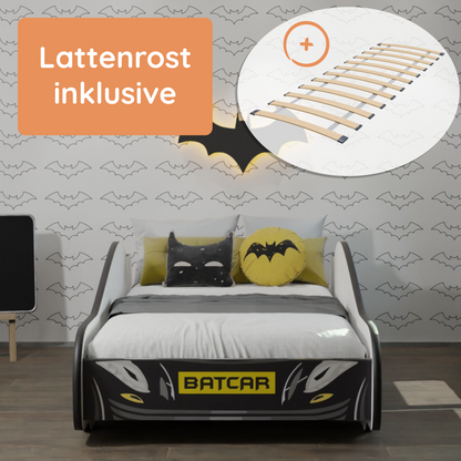 Kids Collective Autobett 70x140 & 80x160 cm Kinderbett Jugendbett mit Rausfallschutz & Lattenrost | Kinder Spielbett Batman Batmobil Bat Car Auto Bett in schwarz | ideal für Kinder ab 2 Jahren