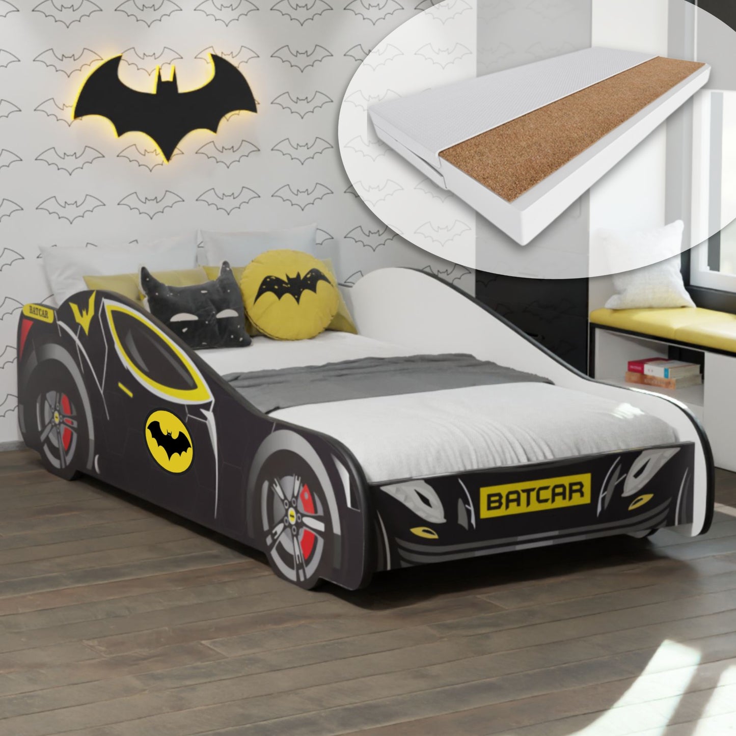 Kids Collective Autobett 70x140 & 80x160 cm Kinderbett Jugendbett mit Rausfallschutz & Lattenrost | Kinder Spielbett Batman Batmobil Bat Car Auto Bett in schwarz | ideal für Kinder ab 2 Jahren