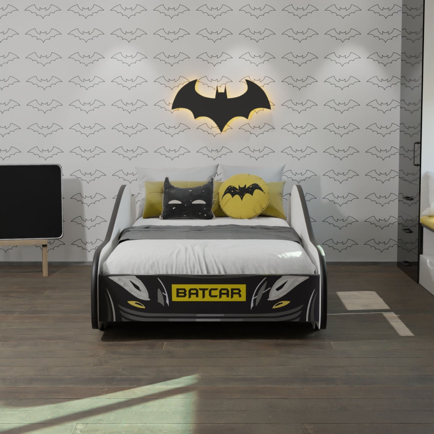 Lit voiture 70x140 | Lit d'enfant 80x160 cm lit d'adolescent avec protection antichute | Lit de jeu pour enfants Batman Batmobile Bat Car Lit de voiture en noir