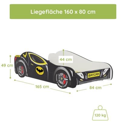 Kids Collective Autobett 70x140 & 80x160 cm Kinderbett Jugendbett mit Rausfallschutz & Lattenrost | Kinder Spielbett Batman Batmobil Bat Car Auto Bett in schwarz | ideal für Kinder ab 2 Jahren