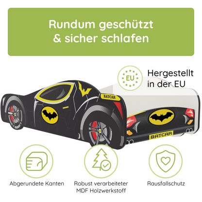Kids Collective Autobett 70x140 & 80x160 cm Kinderbett Jugendbett mit Rausfallschutz & Lattenrost | Kinder Spielbett Batman Batmobil Bat Car Auto Bett in schwarz | ideal für Kinder ab 2 Jahren