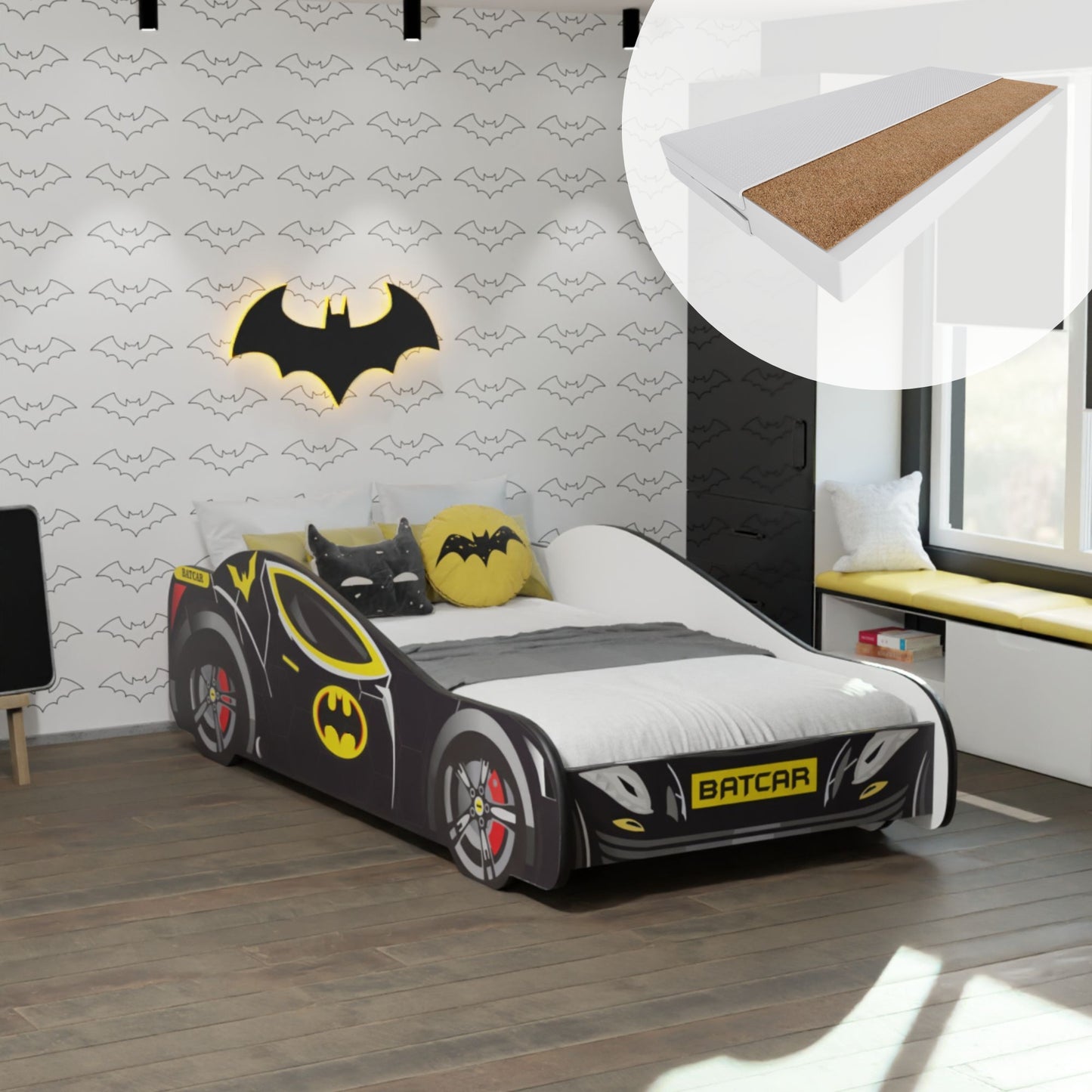 Lit voiture 70x140 | Lit d'enfant 80x160 cm lit d'adolescent avec protection antichute | Lit de jeu pour enfants Batman Batmobile Bat Car Lit de voiture en noir