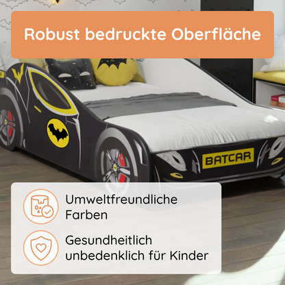 Kids Collective Autobett 70x140 & 80x160 cm Kinderbett Jugendbett mit Rausfallschutz & Lattenrost | Kinder Spielbett Batman Batmobil Bat Car Auto Bett in schwarz | ideal für Kinder ab 2 Jahren