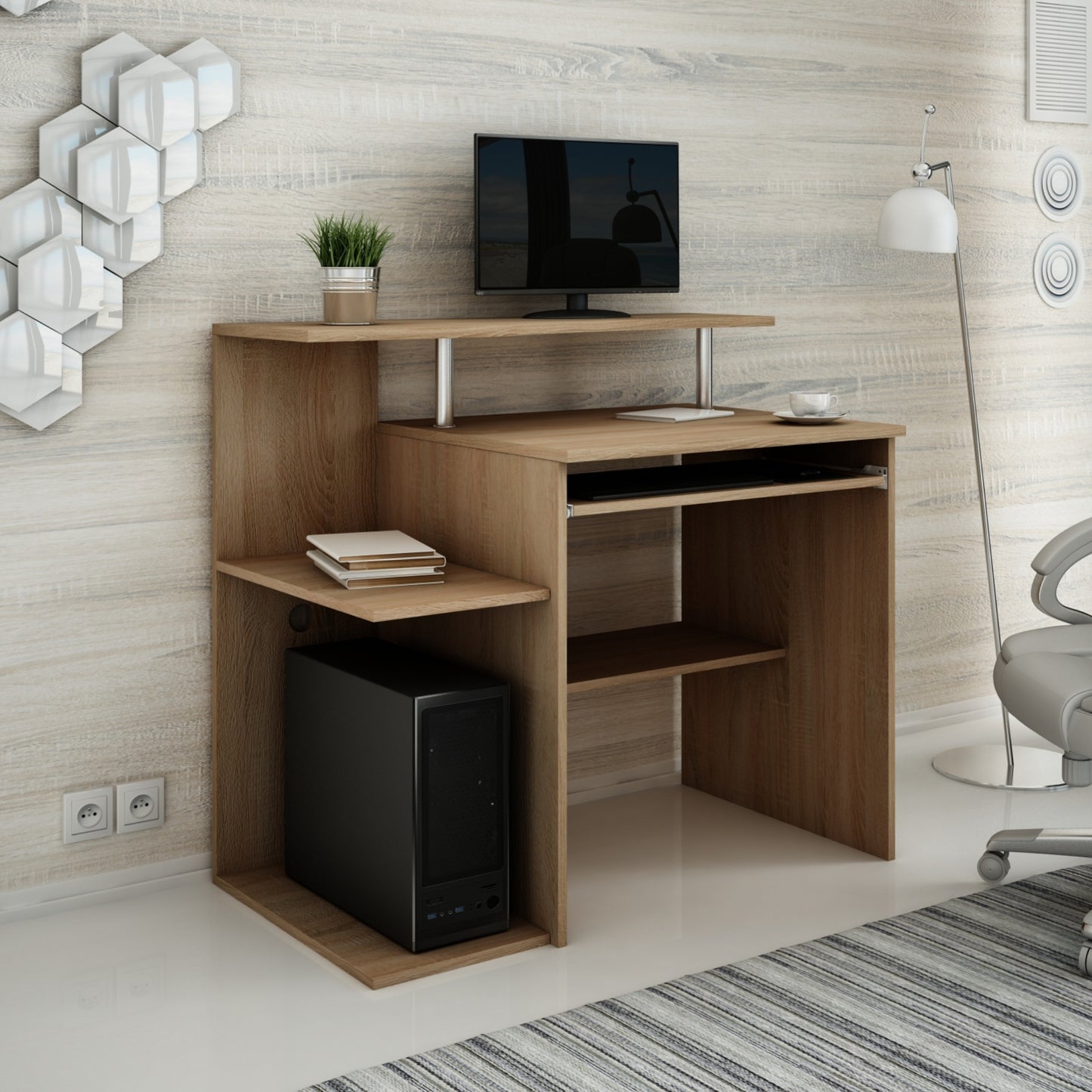 Bureau avec 5 étagères, bureau d'ordinateur parfait pour la chambre, le salon et le bureau - fabriqué en stratifié de haute qualité avec guides à roulettes en métal, idéal pour un rangement organisé - 100 x 91 x 50 cm