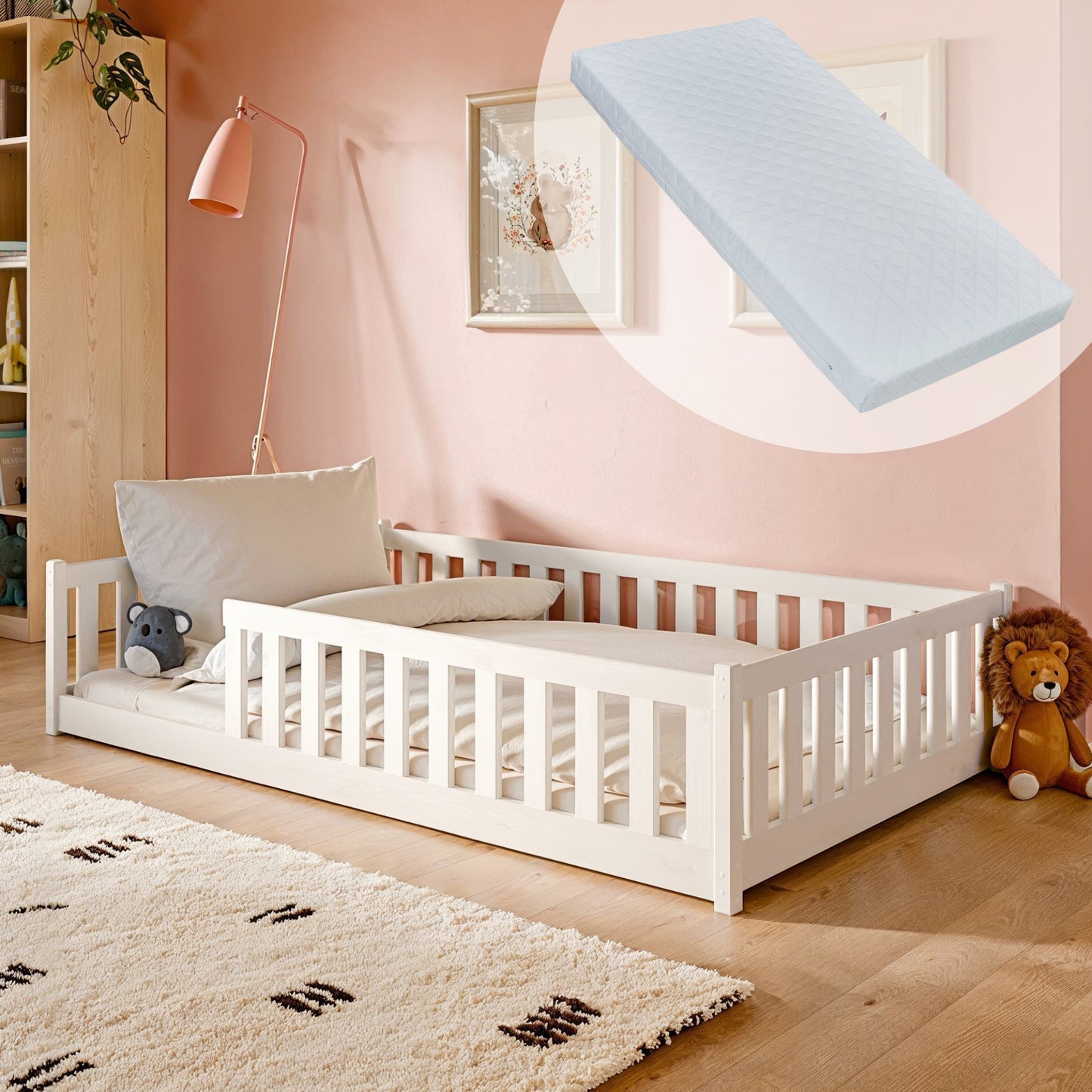 Lit enfant lit au sol 90x200 | 120x200 | Lit 140x200cm avec protection contre les chutes et sommier à lattes Lit Montessori Lit d'enfant Lit d'adolescent Lit simple en option avec matelas bois de pin blanc ou naturel massif garçon fille