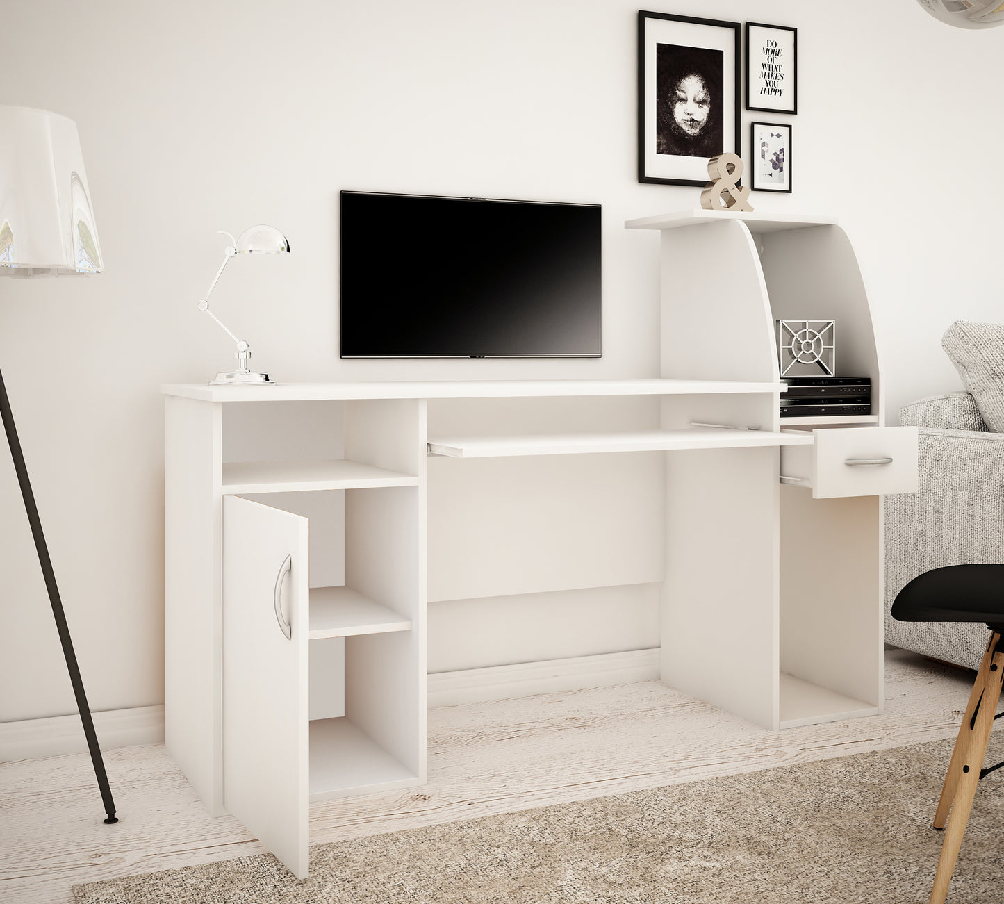 Schreibtisch mit 2 Regalen, Höhe 112 cm, Computertisch Breite 150 cm, Laminatplatte, ideal für Büro, Wohnzimmer oder Jugendzimmer, mit geräumiger Arbeitsplatte, Regalen und Schublade