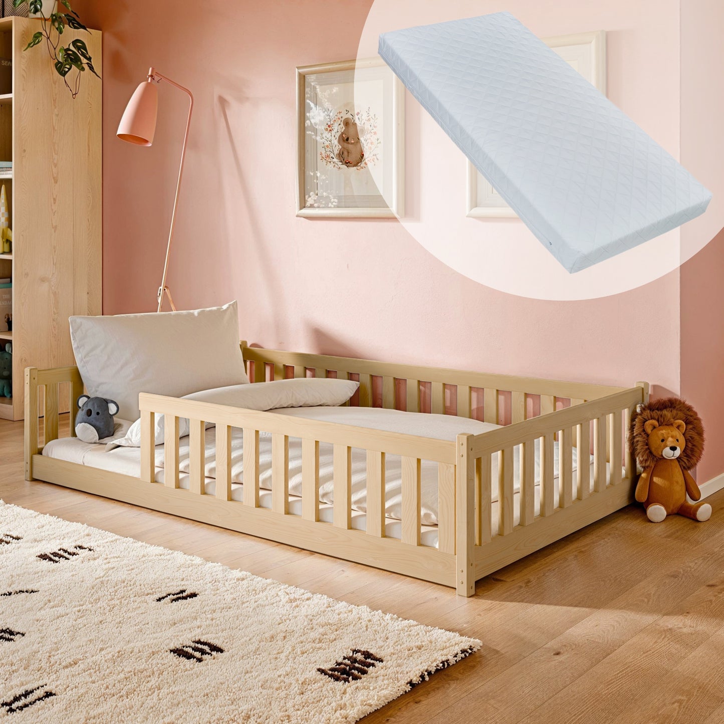 Kinderbett Bodenbett 90x200 | 120x200 | 140x200cm Bett mit Rausfallschutz & Lattenrost Montessori Bett Bed Gitterbett Kinder Jugendbett Einzelbett optional mit Matratze | weiß oder natur Kiefer Holz massiv Junge Mädchen