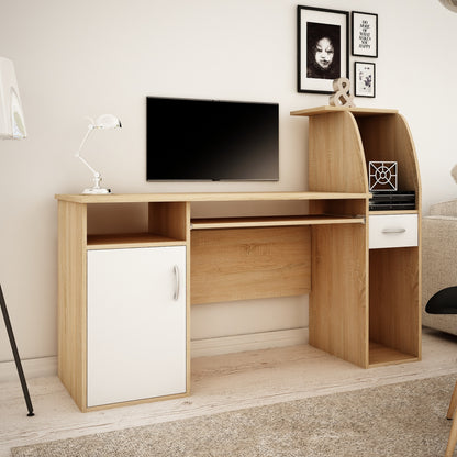 Bureau avec 2 étagères, hauteur 112 cm, bureau d'ordinateur largeur 150 cm, plateau en stratifié, idéal pour bureau, salon ou chambre d'adolescent, avec plan de travail spacieux, étagères et tiroir